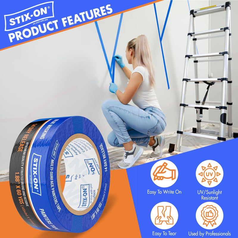 STIX-ON Painters Tape - 2 inch/ 1.88 inch x 60 yds Masking Tape Rolls - Paint Tap for Wall, Trim, Glass, Metal - Fine Line Tape for Precise Lines, Edges - Residue-Free Blue Painters Tape-Single Roll - Image 2